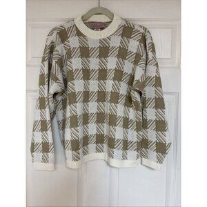 Cheryl Vintage Pullover Sweater Size Large Womens White Tan Check Long Sleeve
